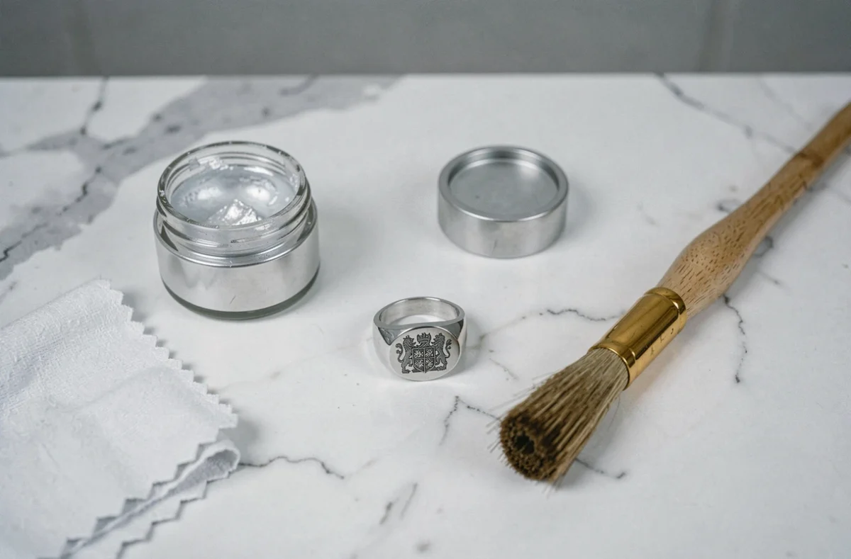 Flat lay des accessoires d'entretien d'une chevalière homme en argent gravée sur marbre blanc