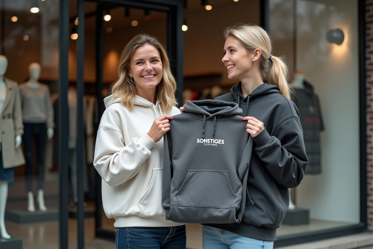 Deux femmes examinant un sweat à capuche Sonstiges Clothing devant une boutique urbaine