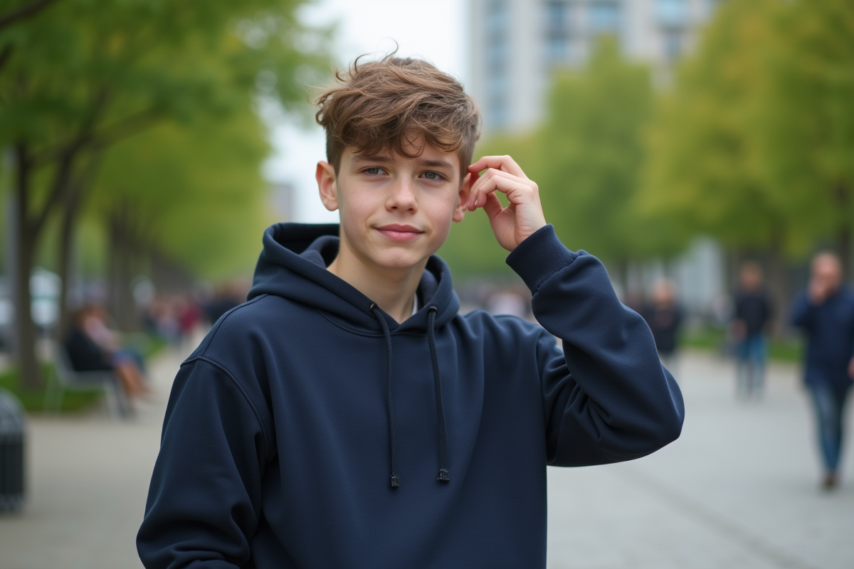 Jeune homme avec coupe courte dans un parc urbain
