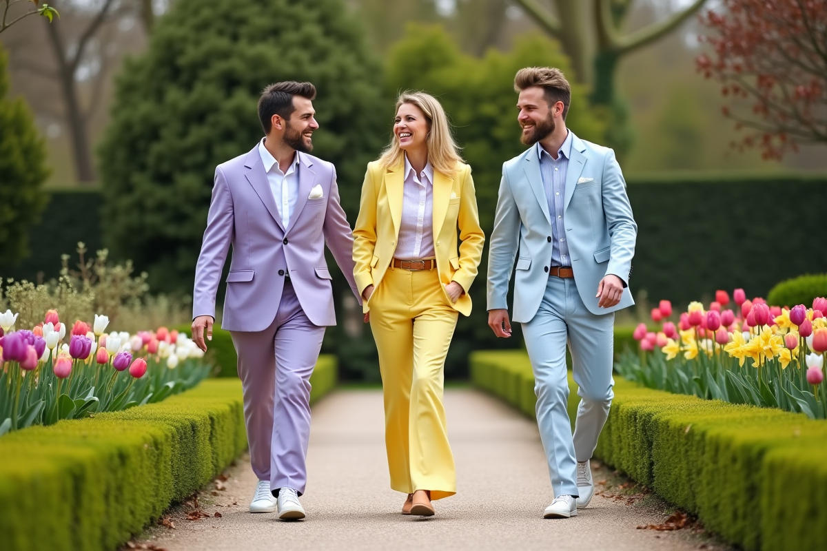 Trois amis en tenues colorées dans un jardin au printemps