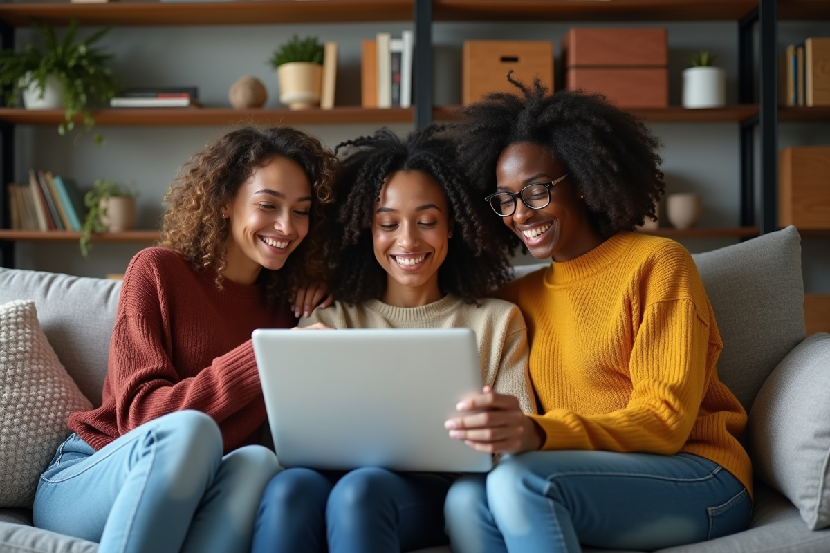 Trois amis souriants faisant du shopping en ligne sur un ordinateur