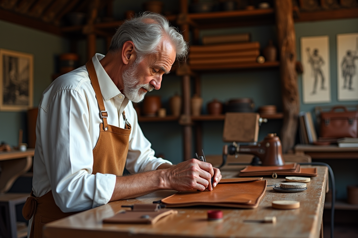 Artisan français fabriquant un sac en cuir dans son atelier