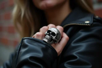 Bague tête de mort en argent sterling portée sur l'index d'une femme, détail macro sur fond de veste en cuir noir