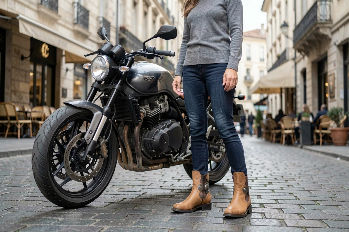 Femme portant des bottes moto stylées à l'aspect Chelsea sur des pavés en ville