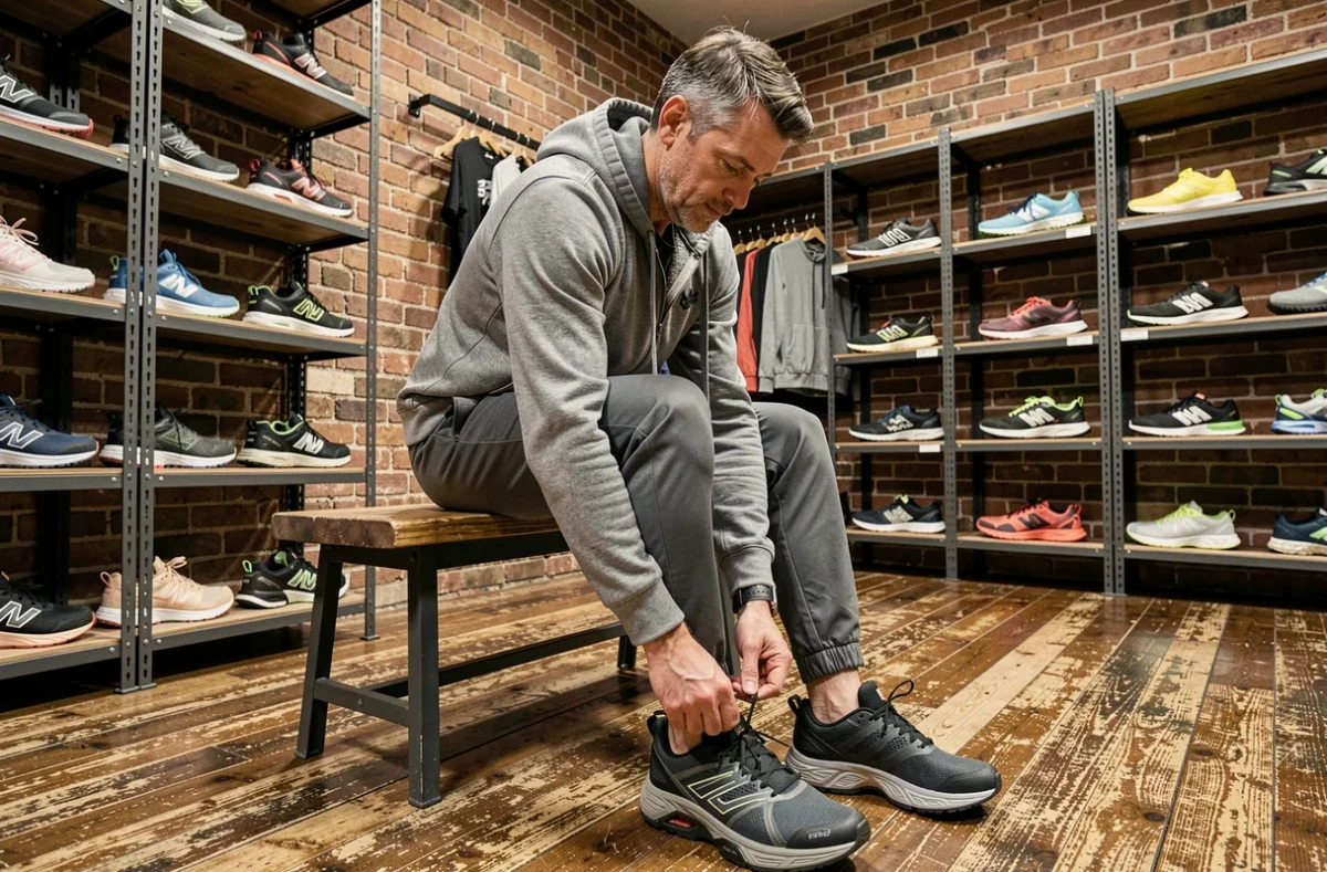 Homme essayant des chaussures de trail dans une boutique de sport spécialisée dans les Hauts-de-France