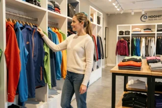 Femme qui choisit des vêtements de sport dans une boutique moderne des Hauts-de-France