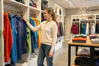 Femme qui choisit des vêtements de sport dans une boutique moderne des Hauts-de-France