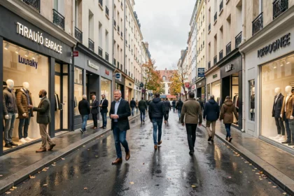 Rue commerçante animée en Seine-Saint-Denis avec des boutiques de mode homme