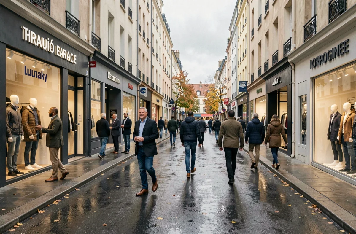 Rue commerçante animée en Seine-Saint-Denis avec des boutiques de mode homme