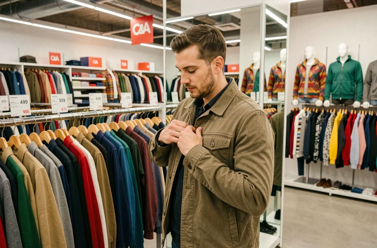 Client essayant une veste dans le rayon homme d'un magasin C&A à Saint-Denis