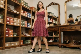 Femme en tenue rockabilly robe à pois rouge avec chaussures saddle shoes noires et blanches dans une boutique vintage