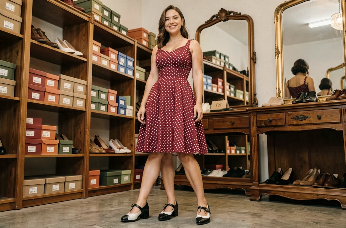 Femme en tenue rockabilly robe à pois rouge avec chaussures saddle shoes noires et blanches dans une boutique vintage