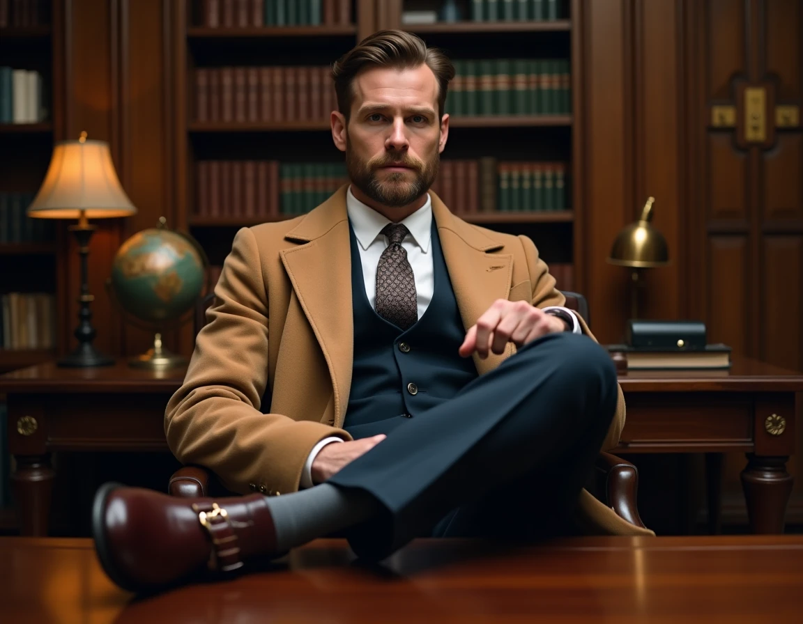 Homme en manteau camel et costume marine portant des monk-straps bordeaux dans un bureau style années 30, élégance masculine vintage