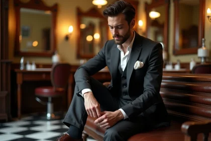 Homme en costume trois pièces charbon lacant des Oxford en cuir marron dans un barbershop vintage, style mode années 30