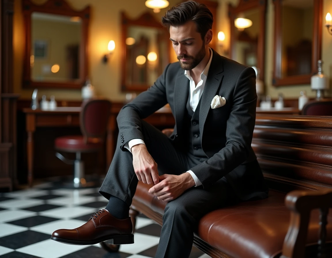 Homme en costume trois pièces charbon lacant des Oxford en cuir marron dans un barbershop vintage, style mode années 30