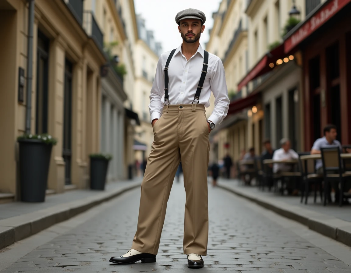 Homme en pantalon large et bretelles portant des chaussures bicolores spectator sur un pavé parisien, look rétro années 30