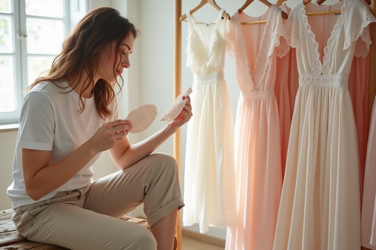 Femme comparant deux jupons en satin et en dentelle pour choisir le meilleur sous une robe transparente rose