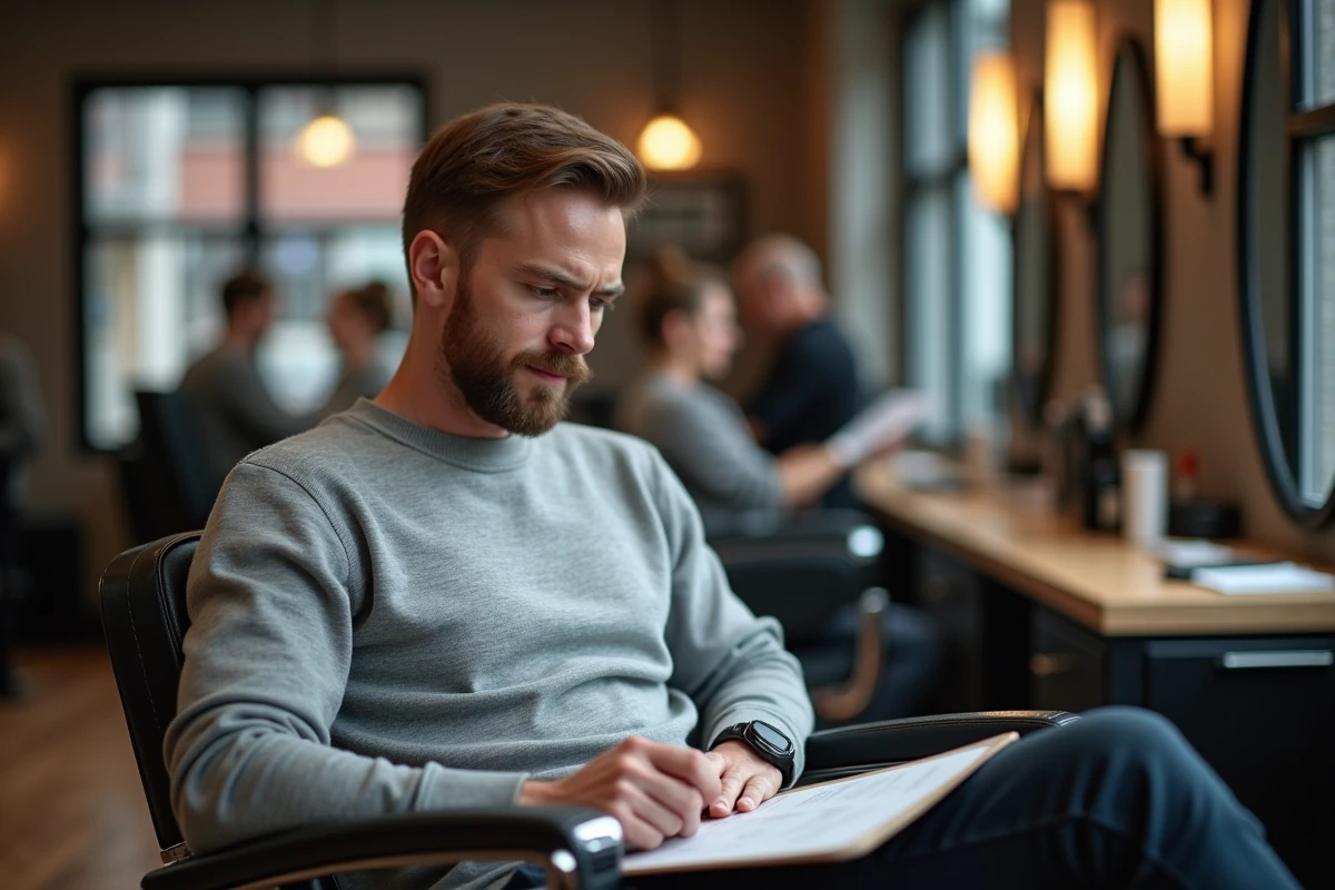 Client consultant les tarifs et prestations du salon Pilou à Givors avant une coupe en 2026
