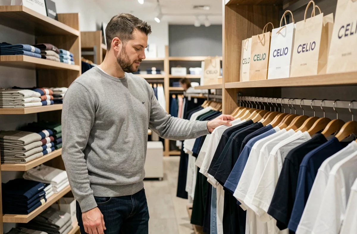 Client masculin choisissant des t-shirts dans le rayon d'un magasin Celio
