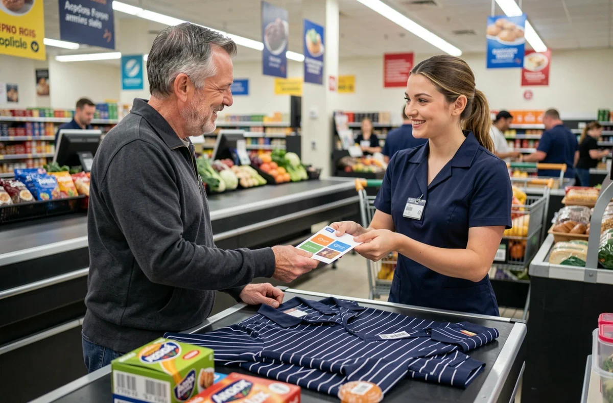 Client remettant son carnet de vignettes Intermarché à la caisse pour obtenir une réduction sur un article Armor Lux
