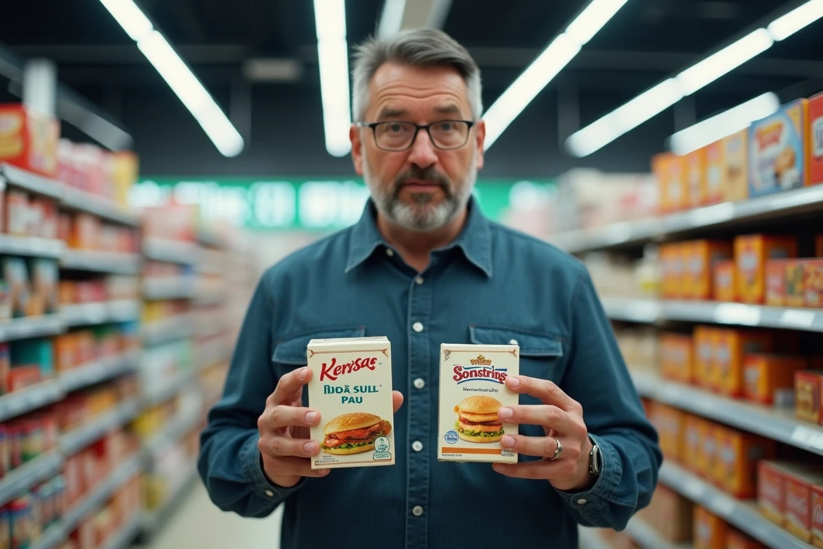 Homme dans un supermarché comparant deux produits dont un de marque générique non référencée