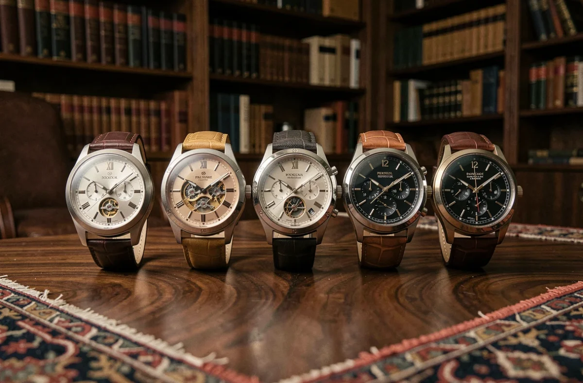Collection de cinq montres de luxe ultra-haut de gamme posées sur une surface en noyer dans un salon de collectionneur privé, révélant leurs complications horlogères