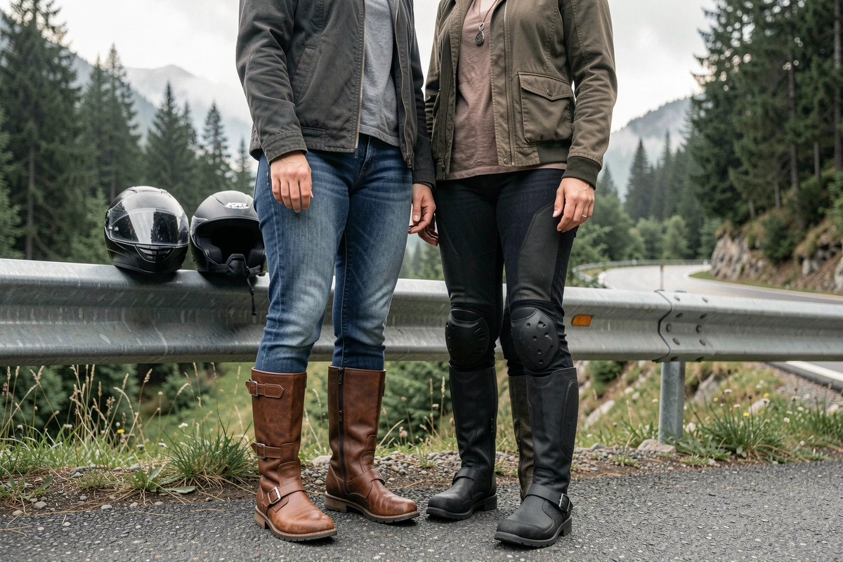 Deux femmes motardes comparant leurs bottes moto protégées au bord d'une route de montagne