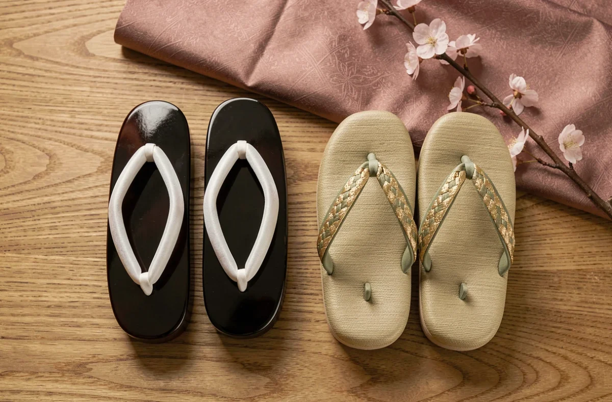 Comparaison côte à côte de sandales japonaises geta en bois laqué et de zori en tatami sur une surface en chêne naturel