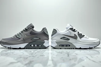 Comparaison côte à côte d'une Nike Air Max originale et d'une contrefaçon, mettant en évidence les différences de qualité de couture et de logo