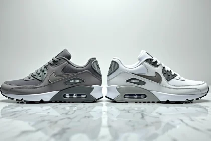 Comparaison côte à côte d'une Nike Air Max originale et d'une contrefaçon, mettant en évidence les différences de qualité de couture et de logo