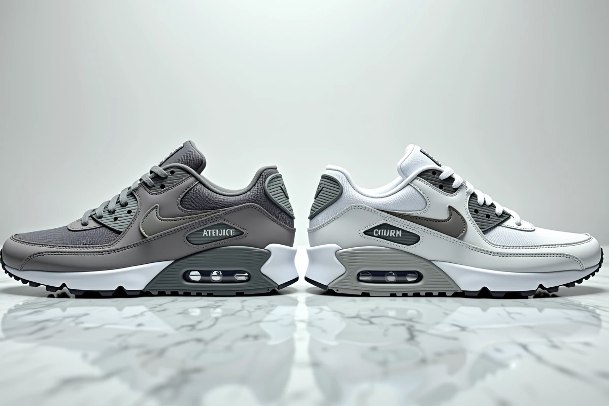 Comparaison côte à côte d'une Nike Air Max originale et d'une contrefaçon, mettant en évidence les différences de qualité de couture et de logo