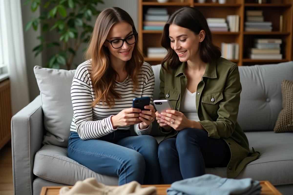 Deux femmes comparant les interfaces de Seelpy, Vinted et Leboncoin sur leurs smartphones dans un salon