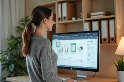 Femme comparant les prix de produits de marques diverses sur un ordinateur dans un bureau à domicile organisé
