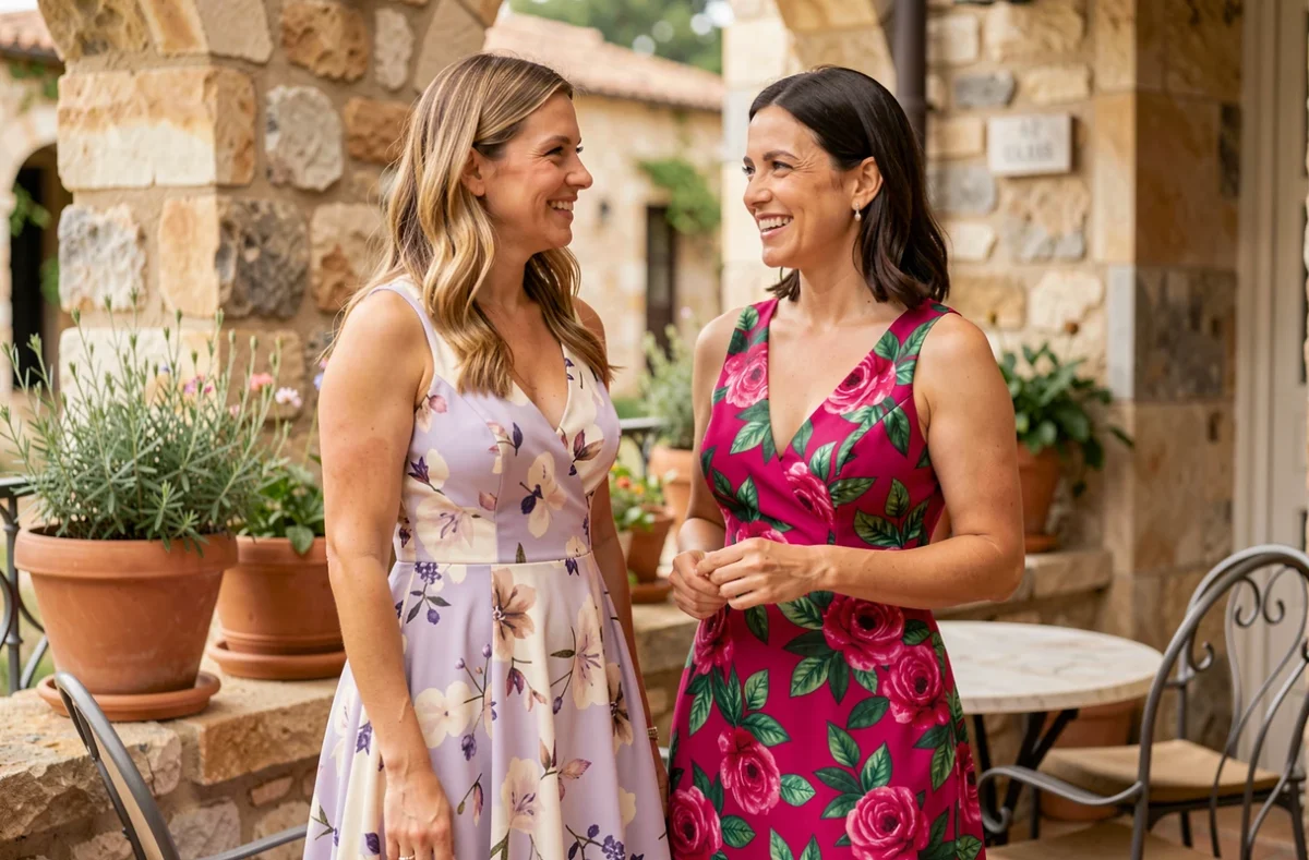 Deux femmes comparant une robe cocktail fleurie pastel lavande et une robe fleurie aux teintes vives fuchsia et vert émeraude sur une terrasse méditerranéenne, guide palette de couleurs selon le teint
