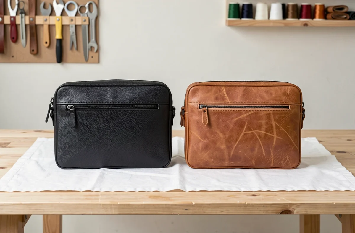 Comparaison de deux sacoches en cuir pour ordinateur portable, noire et naturelle, posées sur une surface en bois minimaliste