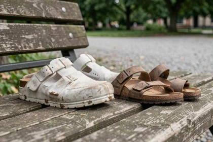 Comparatif Billowy et Birkenstock posés côte à côte sur un banc en bois dans un parc urbain pour la marche quotidienne
