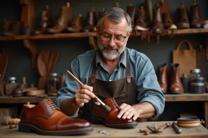 Cordonniers appliquant de la teinture &agrave; un soulier en cuir