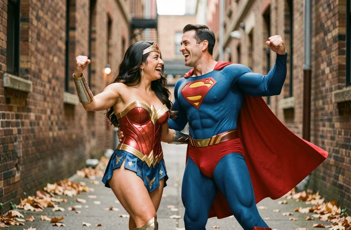 Couple déguisé en super-héros Wonder Woman et Superman dans une ruelle urbaine, souriant et posant de manière ludique