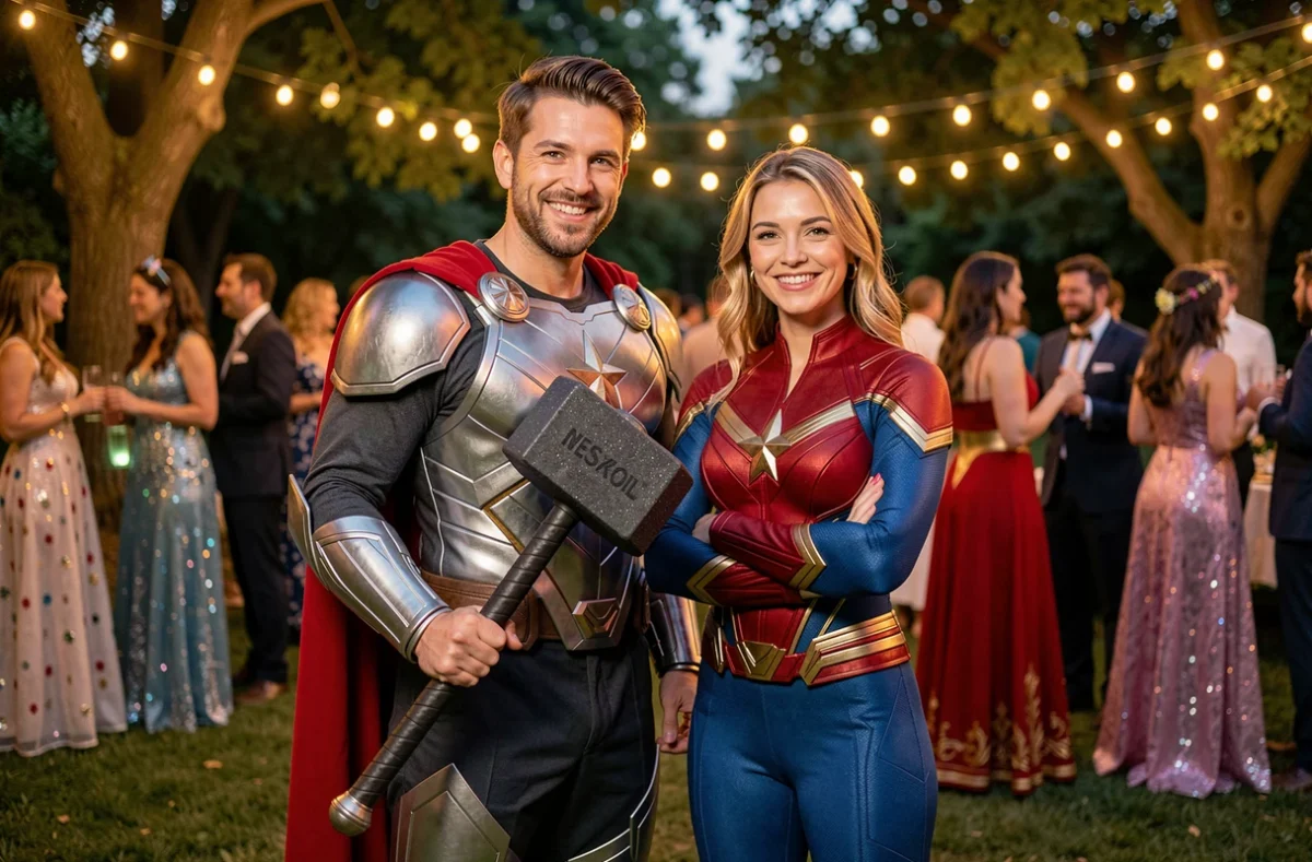 Couple costumé en Thor et Captain Marvel lors d'une soirée déguisée en plein air, ambiance festive avec guirlandes lumineuses