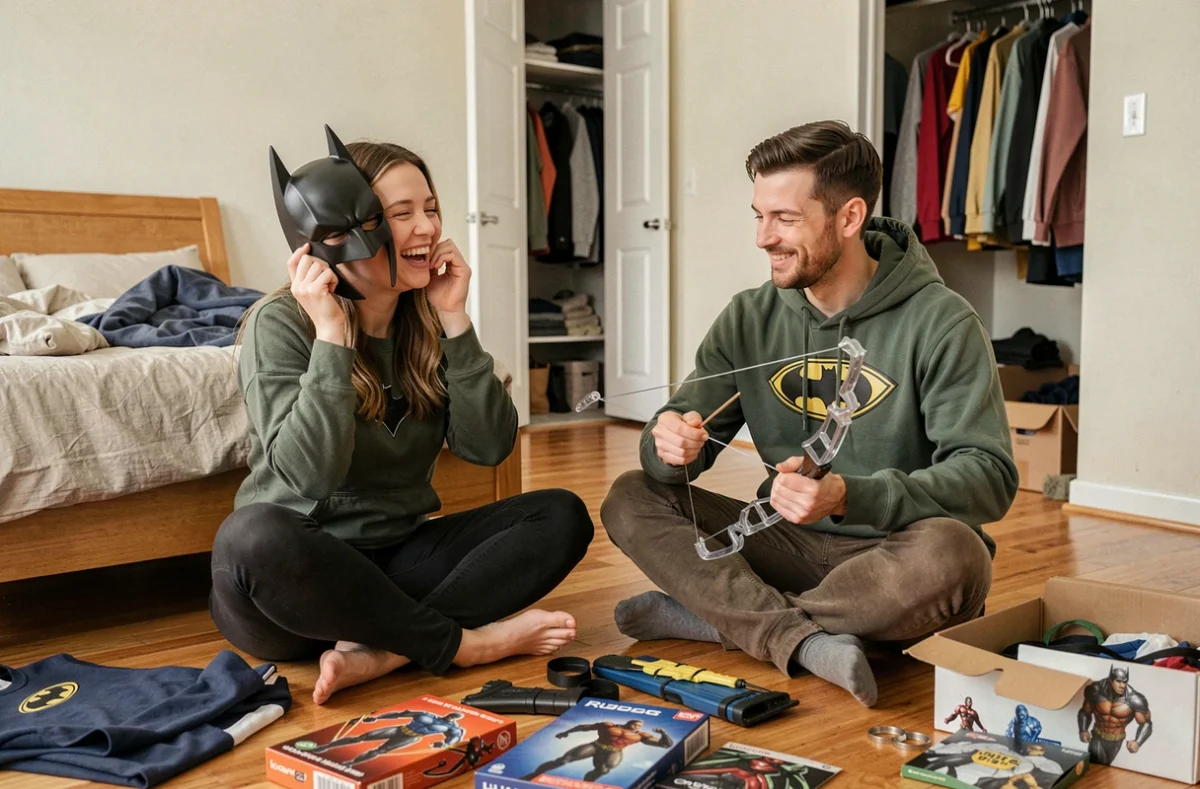 Couple essayant des déguisements de super-héros à la maison, ambiance détendue et spontanée avec accessoires éparpillés sur le sol