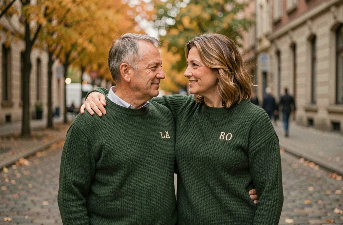 Couple d'âge mûr en pulls personnalisés verts aux initiales brodées, enlacés dans une rue pavée en automne