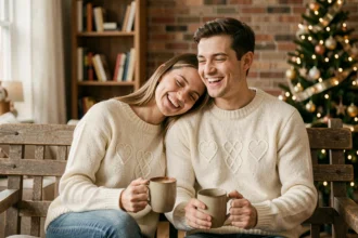 Couple portant des pulls personnalisés assortis avec motif cœur, assis sur un banc en bois dans un salon cosy