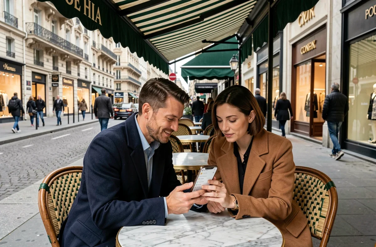 Couple consultant une liste de boutiques sur smartphone en terrasse de café sur les Champs-Élysées