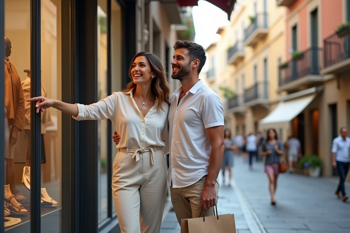 Couple souriant devant une vitrine de boutique dans une rue piétonne commerçante de Marseille en été