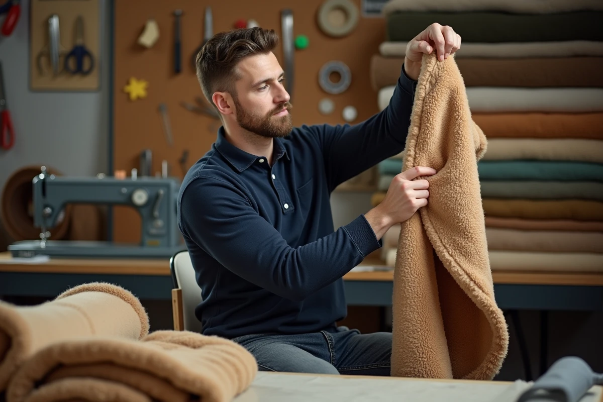 Couturier évaluant l'épaisseur et le grammage d'une doublure sherpa caramel dans un atelier de couture artisanal