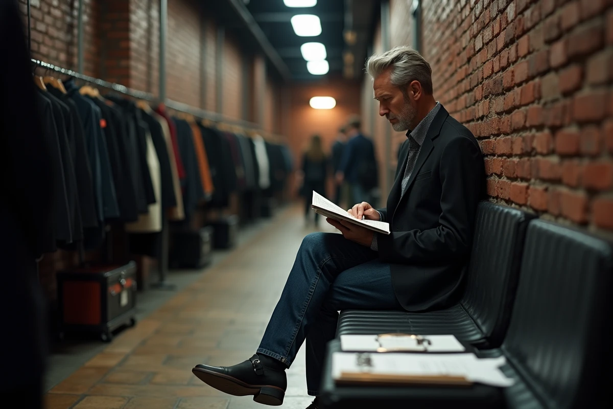 Créateur de mode seul dans un couloir backstage