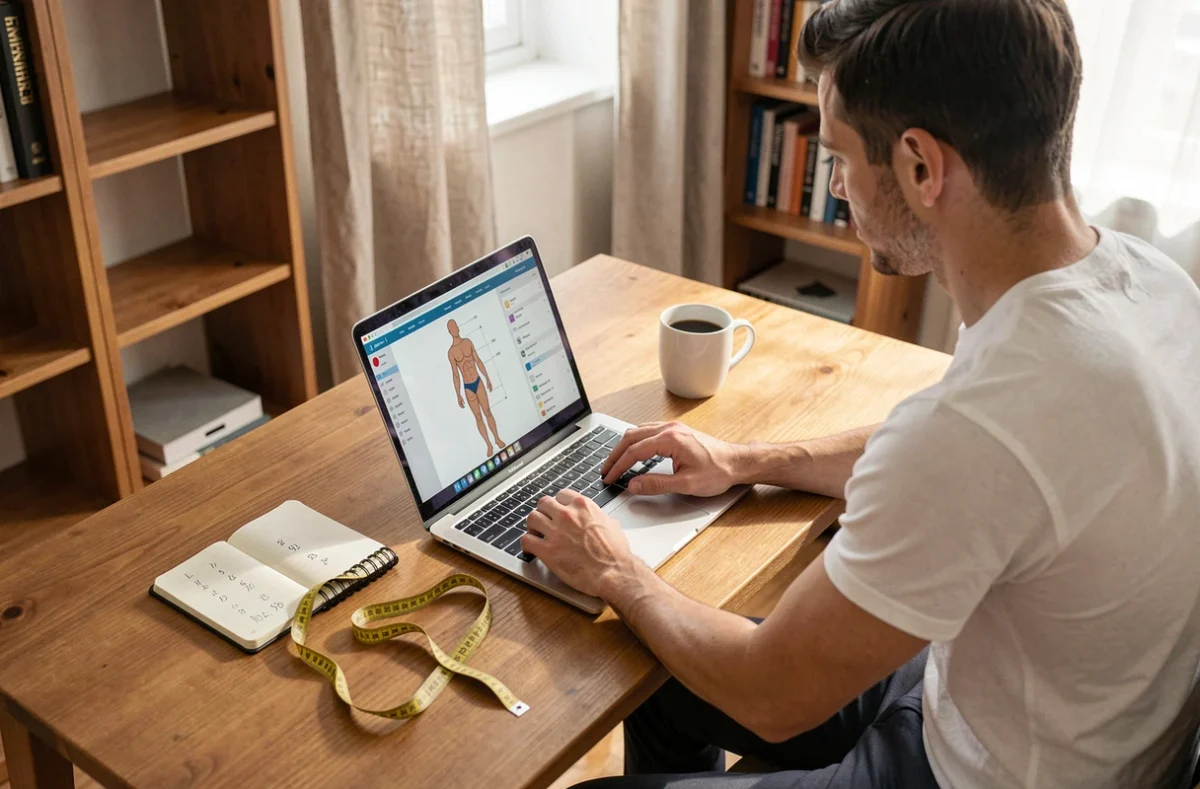 Homme entrant ses mensurations corporelles sur un ordinateur portable pour créer son avatar virtuel depuis son bureau à la maison