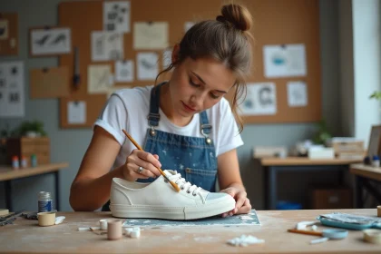 Jeune femme peignant une basket blanche avec de la peinture acrylique sur un &eacute;tabli en bois dans un atelier de customisation