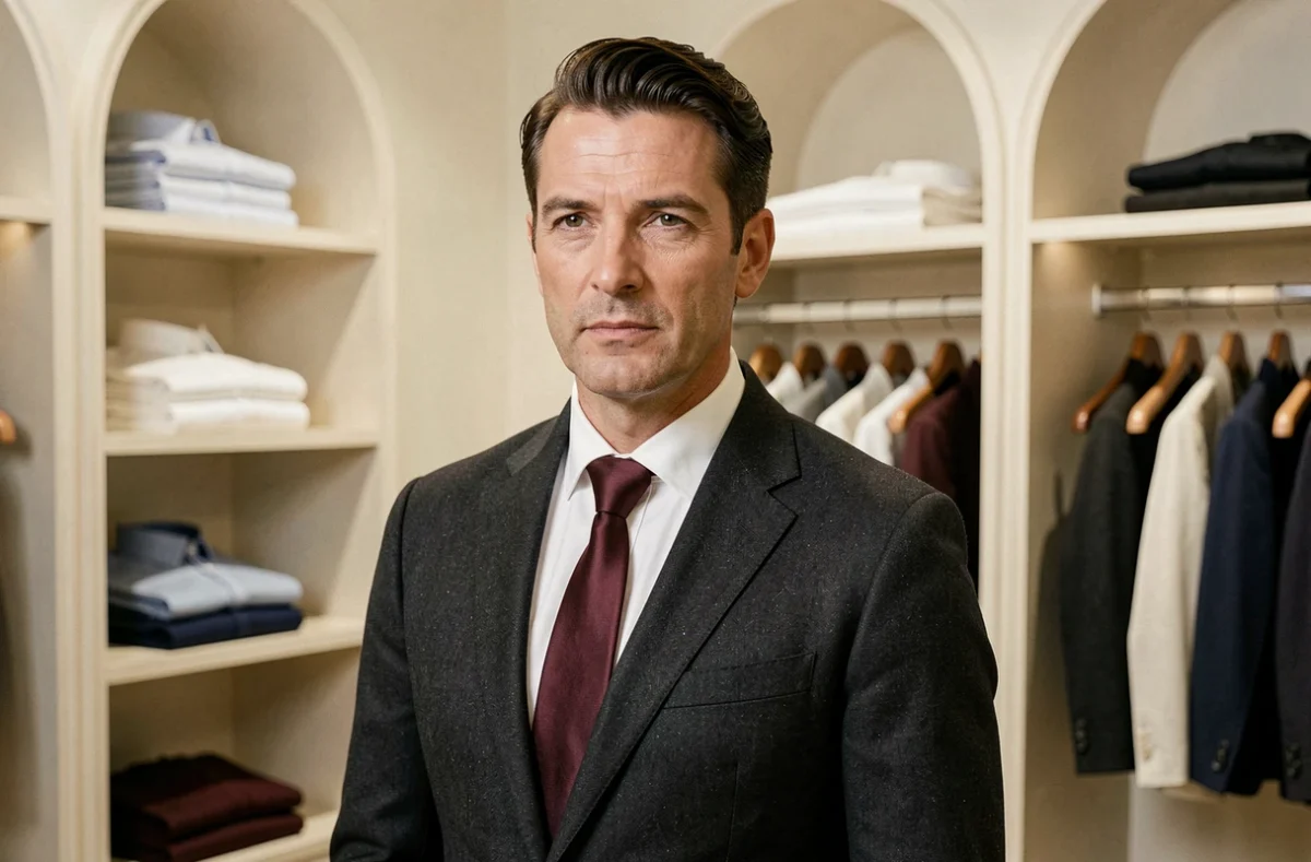 Un homme élégant en costume De Fursac se tient dans la boutique lyonnaise de la marque