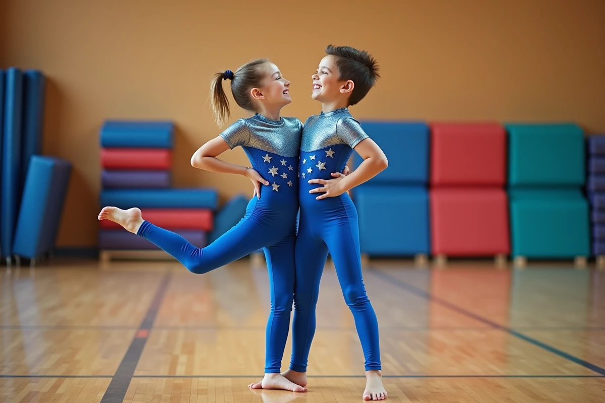 Deux enfants déguisés en acrobates de cirque en costume bleu royal posant ensemble dans un gymnase